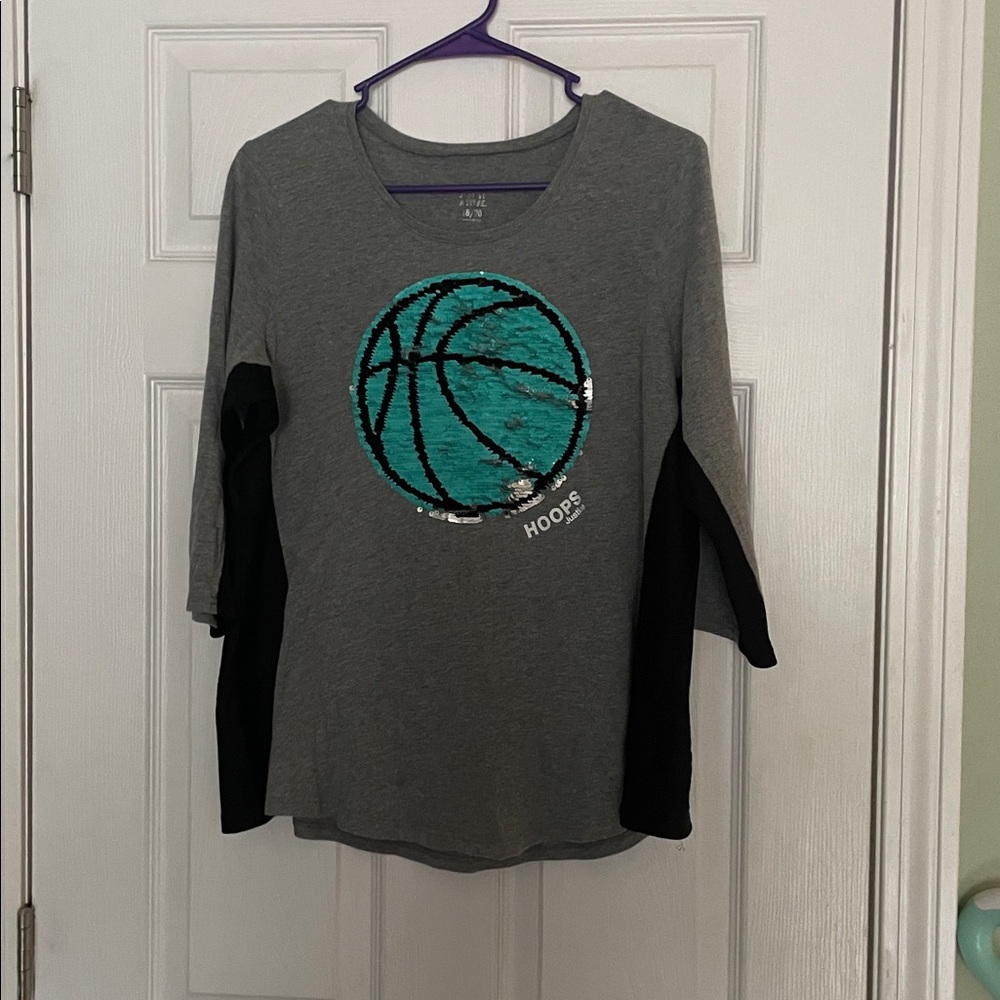 Justice Gray and Black Short Sleeve Tee with Teal Basketball Design